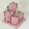 Kit de banheiro 4 peças + bandeja 24x24 em resina cristal rosa chá com cromado