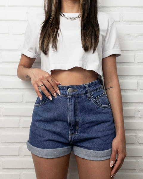 Short Mom Jeans Cintura Alta Escuro Babiwood