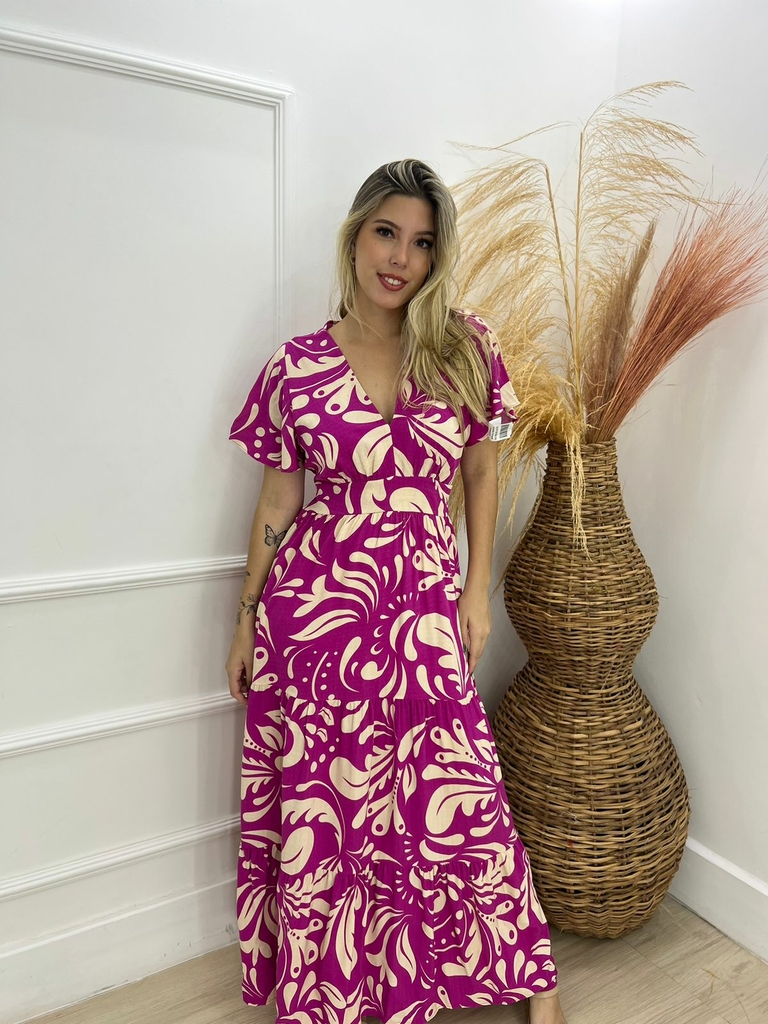 Vestido Longo Viscose Fernanda Decote V Manga Solta Estampado