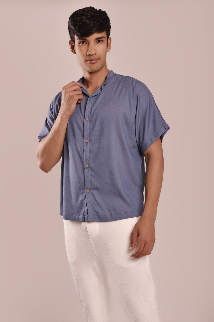 Camisa de Camisa azul claro sin costuras de manga ancha con cuello