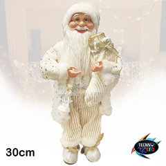 Boneco Papai Noel 30cm Roupa Branca e Dourado Enfeite para Natal P01