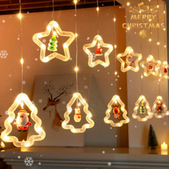 Cascata Cortina fio de fada 130 LEDs Branco Quente 5 estrelas e 5 arvores figuras natalinas Bivolt - Tecnnoled