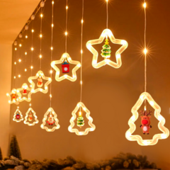 Cascata Cortina fio de fada 130 LEDs Branco Quente 5 estrelas e 5 arvores figuras natalinas Bivolt na internet