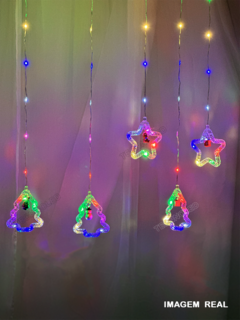 Cascata Cortina fio de fada 130 LEDs RGB Colorido 5 estrelas e 5 arvores figuras natalinas Bivolt - loja online