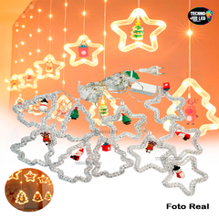 Cascata Cortina fio de fada 130 LEDs Branco Quente 5 estrelas e 5 arvores figuras natalinas Bivolt - comprar online