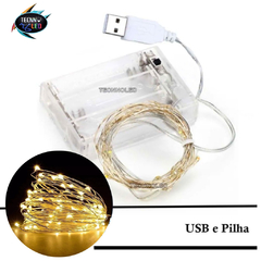 Fio Fada Cordão 10 Metro 100 Led Branco Quente Usb E Pilha