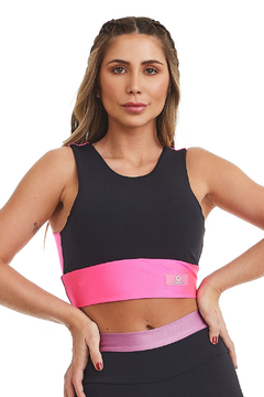 TOP CROPPED 2 EM 1 COMPRESS / PRETO/PINK EUFORIA CAJUBRASIL