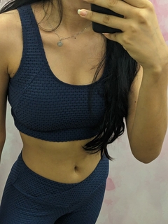 CONJUNTO TOP E LEGGING JACQUARD BROCADO BASICO AZUL MARINHO COD 190 - BE Fitness store