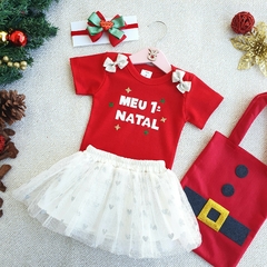 Conj. Baby Saia Tule 1° Natal (Vermelho/Off-white)