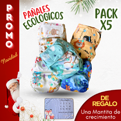 PROMO Pack x5 PAÑALES ECOLOGICOS +10 absorbentes + Mantita de crecimiento de REGALO