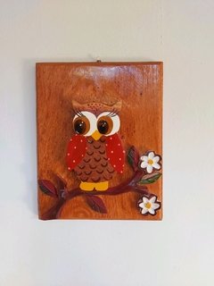 Quadro Coruja no Galho de Flores P Vermelho Escuro 