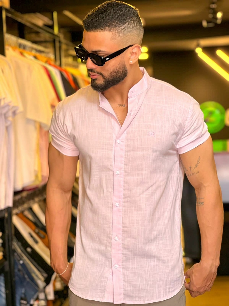 CAMISA SOCIAL ALL BLACK MANGA CURTA GOLA PADRE LINHO ROSA BEB
