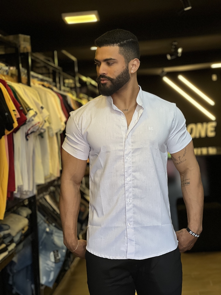 CAMISA SOCIAL ALL BLACK MANGA CURTA GOLA PADRE LINHO BRANCO