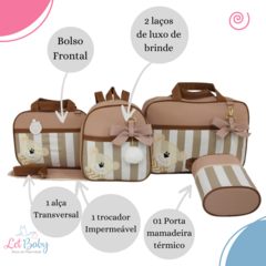 KIT BOLSA MATERNIDADE 5 PEÇAS URSO LISTRADO NUDE - Let Baby Bolsas De Maternidade