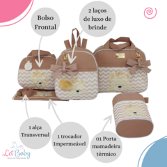 KIT BOLSA MATERNIDADE 5 PEÇAS URSO CHEVRON NUDE + SAÍDA MATERNIDADE MENINA - Let Baby Bolsas De Maternidade