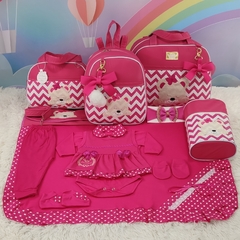 KIT BOLSA MATERNIDADE 5 PEÇAS URSO CHEVRON PINK + SAÍDA MATERNIDADE MENINA - comprar online