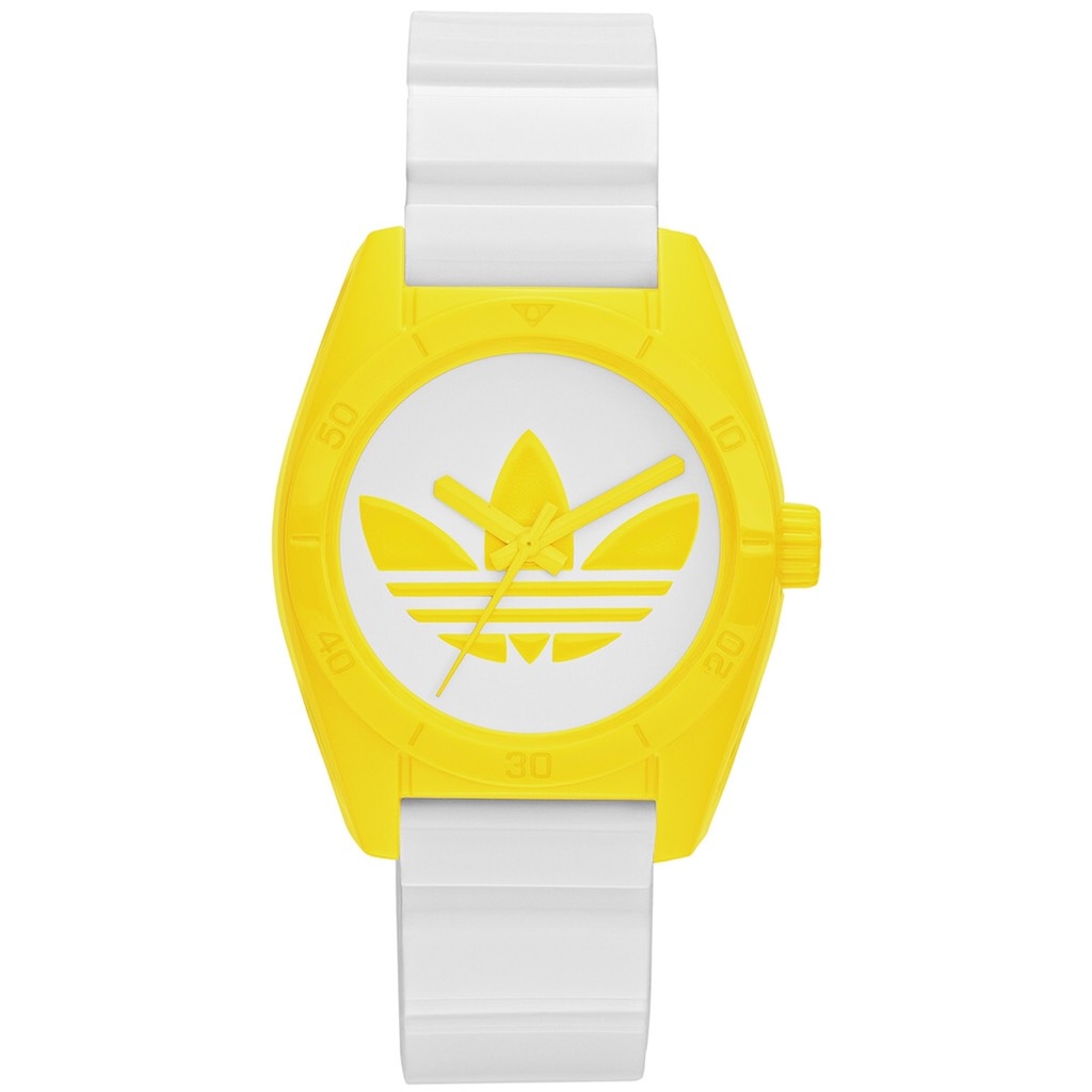 Reloj Adidas Originals de dama con malla de silicona blanca y detalles amarillos