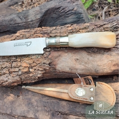 cuchillo artesanal hoja acero inox cabo hueso vaina cuero crudo en internet