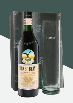 Vaso de Trago Largo de Cristal + 1 botella de Fernet Branca 750 cc en Caja Estuche Cristalería San José