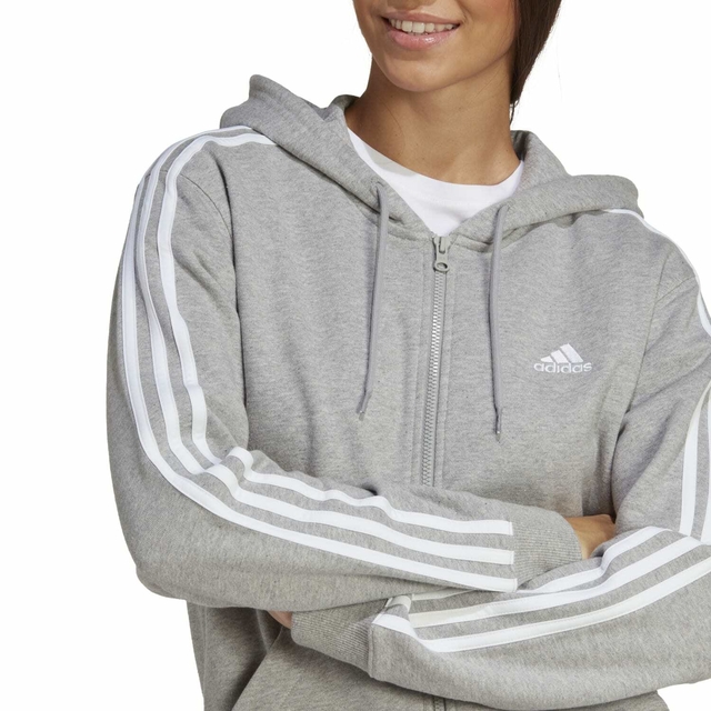 JAQUETA ADIDAS MOLETOM ESSENTIAL 3 STRIPES FEMININO CINZA IC9917, EVE7