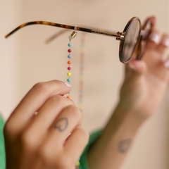 CORRENTE ÓCULOS BOLINHAS COLORIDAS BANHADA A OURO