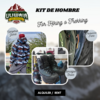 Kit de indumentaria para hombre, incluyendo campera, pantalones y botas, ideal para trekking y excursiones al aire libre.