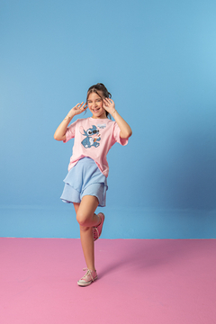 Combinadinho Stitch Tee + Short Saia Priscila (Stitch Azul) - Marias - MODA PARA MENINAS