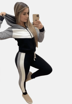 Conjunto Blusa De Frio E Calça Skinny com capuz e ziper detalhes xadrez na internet