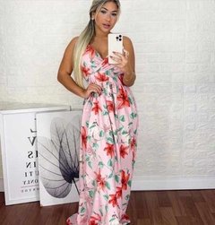Vestido Longo Alça ajustavel estampado floral elastico costa - loja online
