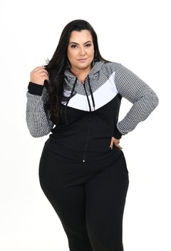 Conjunto Plus Size Malha Crepe Blusa Calça Bolso Zíper Capuz