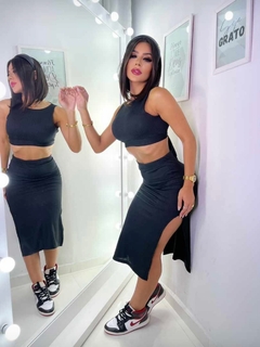 Conjunto Cropped Laço E Saia Midi Fenda Lateral Feminino Top na internet