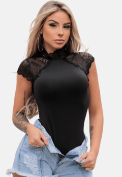 Body Renda Gola Alta Guipir Rendado Manga Curta Feminino - comprar online