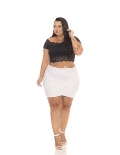 Short Saia Feminino Cintura Alta Plus Size branco Bengaline