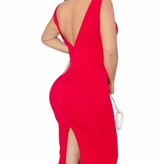 Vestido Canelado Longo Midi Com Fenda Decote V costas - comprar online