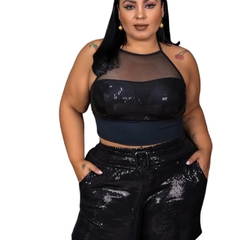 Cropped Top Paetê Brilho decote transparencia tule Plus Size