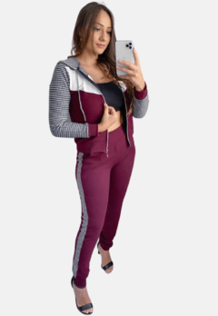 Conjunto Blusa De Frio E Calça Skinny com capuz e ziper detalhes xadrez - loja online