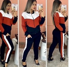 Conjunto Feminino Calça E Blusa Manga Longa com zíper Tecido Crepe -