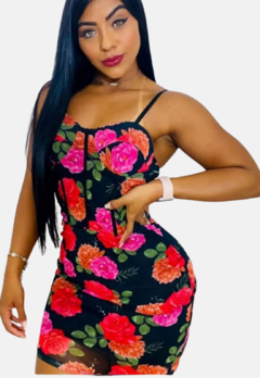 Vestido Médio Feminino Malha Tule Floral Alça Fina na internet