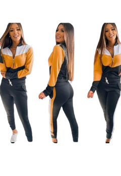 Conjunto Feminino Calça E Blusa Manga Longa com zíper Tecido Crepe -