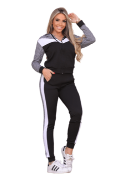 Conjunto Blusa De Frio E Calça Skinny com capuz e ziper detalhes xadrez - comprar online