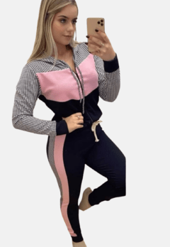 Conjunto Blusa De Frio E Calça Skinny com capuz e ziper detalhes xadrez - comprar online