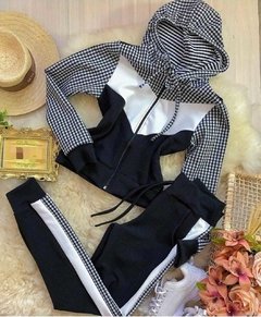 Conjunto Blusa De Frio E Calça Skinny com capuz e ziper detalhes xadrez na internet