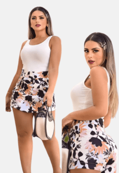 Short Saia Roupa Feminina Florido Detalhes Botão