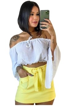 Shorts saia bengaline laço amarrar argola botões bolso - comprar online