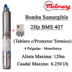 Bomba Sumergible Motorarg 2Hp BMS 407 Monofasica Con Tablero