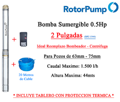 Bomba Sumergible 2 Pulgadas Rotor Pump 0.5Hp RP2 1544 Con Tablero Y Cable