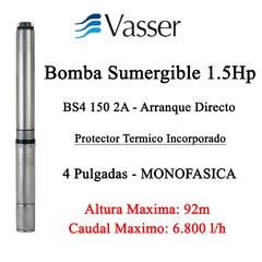 Bomba Sumergible Vasser 1.5Hp Arranque Directo Monofasica