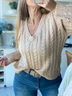 sweater de lana con trenzado escote en v - comprar online