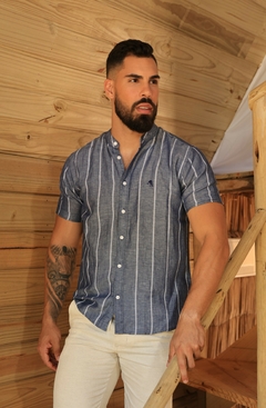 Camisa gola padre manga curta de linho Azul 4193 - comprar online