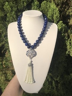 COLAR TASSEL AZUL MARINHO E PINGENTE CRAVEJADO ZIRCONIA CRISTAL RODIO BRANCO